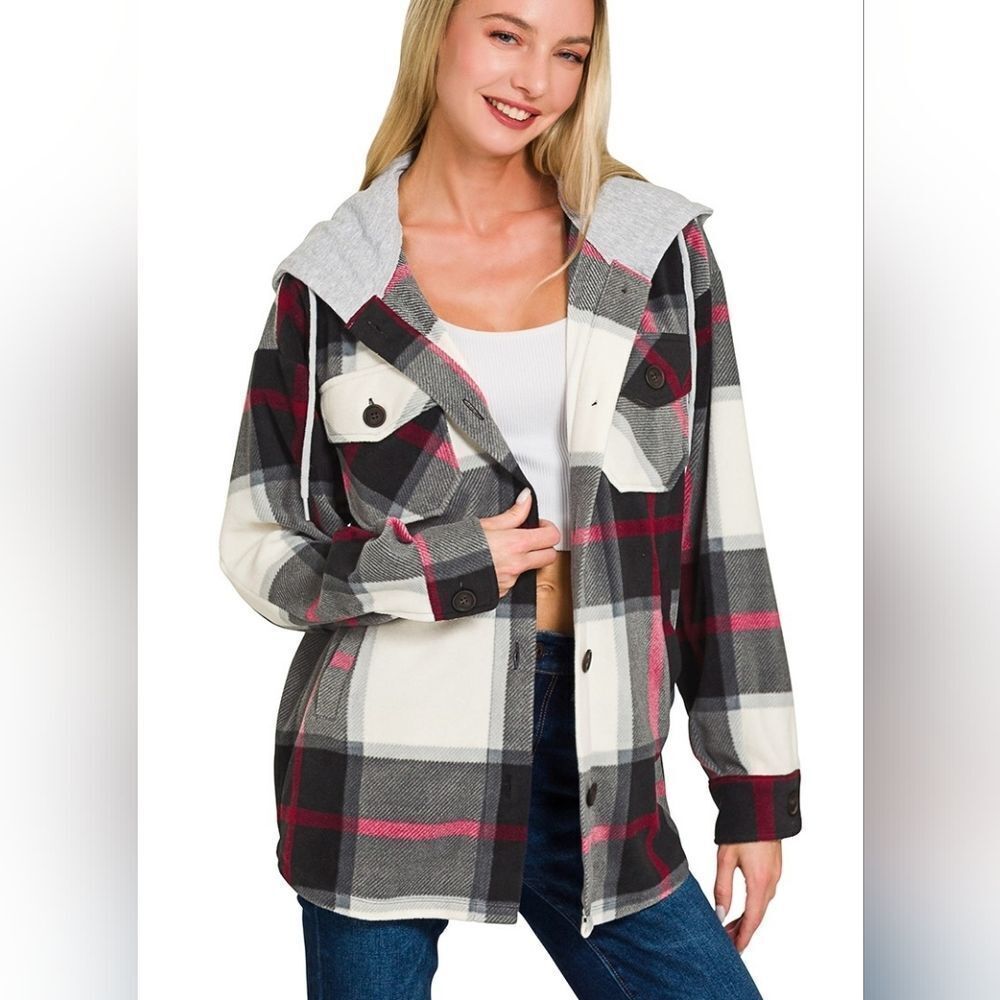 Zenana Plaid Drawstring Hooded Fleece Shacket | Cozy Button-Up Shirt Jacket | Tr